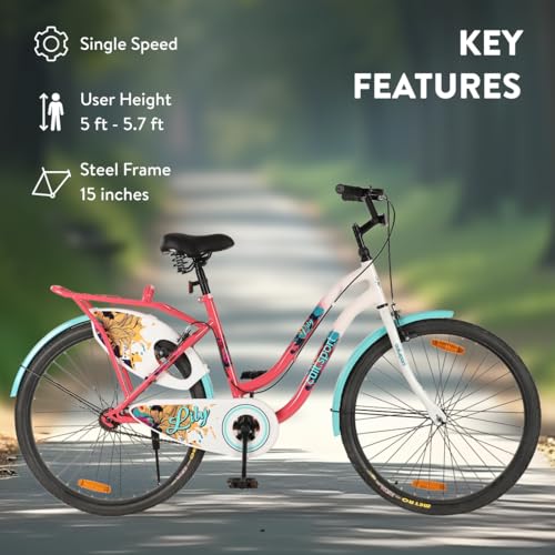 Image of CULTSPORT by Cult Lily Cycle for Girls /Women 26 inch, Bicycle for 13+Years with Steel Frame & Inbuilt Carrier I 85% Assembled with Rigid Fork, Frame Size :15 inch, Womens, Pink
