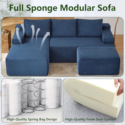 Image of 96.1 inch Modular Sectional Sofa with Ottoman, Modern Corduroy Cloud Couch, Boneless Couch Upholstered 3-Seater U-Shaped Sofa for Living Room, No Assembly (Blue, Right-Facing Chaise)