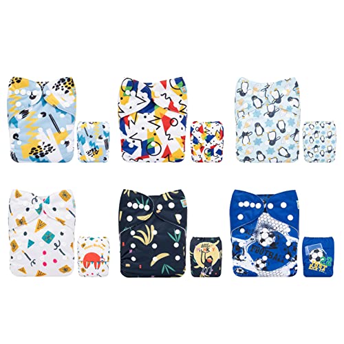 Image of ALVABABY Baby Cloth Diaper 6 Pack with 12 Inserts One Size Cloth Diaper Covers Adjustable Washable Reusable for Baby Girls and Boys