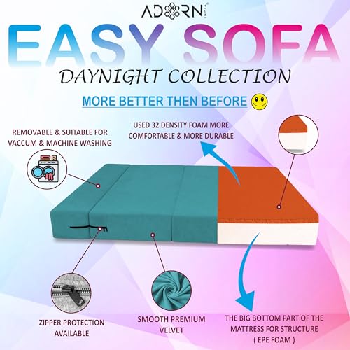 Image of Adorn India Easy 3 Seater Sofa Cum Bed | Velvet Fabric | Aqua Blue | Plain Design | 6x5 Ft | Comfortable Seating | Washable Cover | Perfect for Home & Office