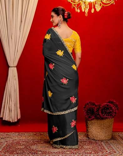 Image of SIRIL Women's Embroidery, Mirror Work, Scalloped Border Shimmer Georgette Saree With Unstitched Blouse Piece