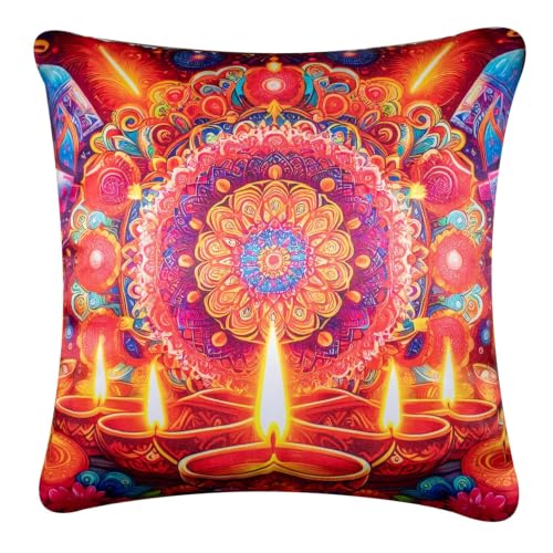 Image of Decorative Satin Sofa Cushion Covers Set of 5, 16 x 16 Inches, Multicolor Floral Printed Pillow Covers for Living Room, Bedroom, Couch & Sofa, Soft Glossy Fabric, Zipper Closure