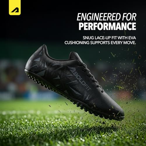 Image of Boldfit Football Shoes for Man, Lightweight Turf & Ground Football Studs with Non-Marking High-Grip Sole, Breathable Mesh Upper, Cushioned Support & Anti-Slip Training Cleats Black