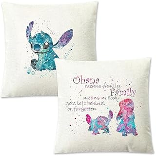 XRHOT Throw Pillow Cover Cute Pillowcase Printed Pillow Cover Ohana Means Family Cushion Cover Lovely Stich Gifts ForHome Decor for Kids or Fans 45cmx 45cm