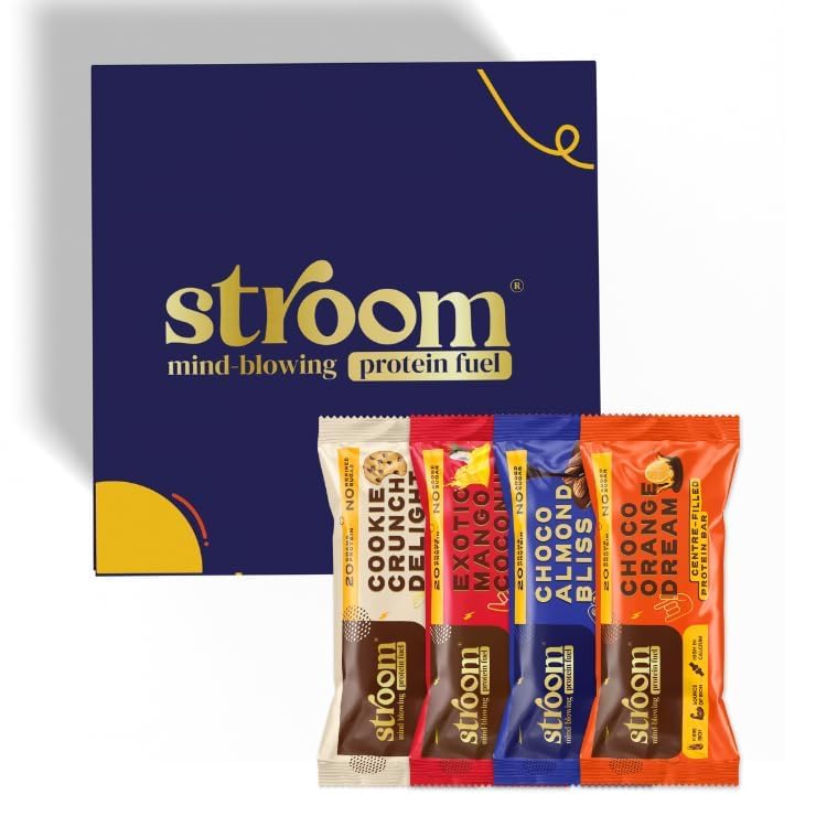 Image of STROOM Asia's First Centre Filled Protein Bars|20G Protein (5 Bars,63 Grams Each)||Fibre Rich|No Added Sugar,Choco Almond Bliss,Choco Orange Dream,Exotic Mango Coconut,Cookie Crunch Delight