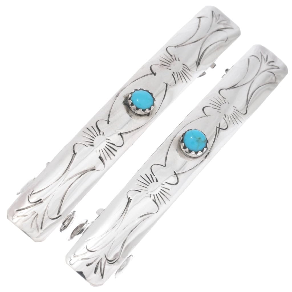 Alltribes Navajo Sleeping Beauty Turquoise Hammered Silver Hair Barrettes Sterling Set of Two on Silver Spring Clips 0617