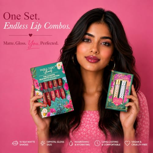 Image of Parul Garg Beauty Ultimate 10 Mini Silk Matte Liquid Lipsticks with Crystal Gloss Duo | Long-Lasting, Highly Pigmented & Lightweight | Matte & Gloss Lip Combo Pack
