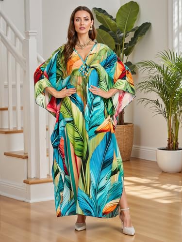 Image of IMAGEKOPE Women's Plus Size Animal Print V-Neck Batwing Kaftan Beach Dress Bathing Suit Cover-Up Loungewear