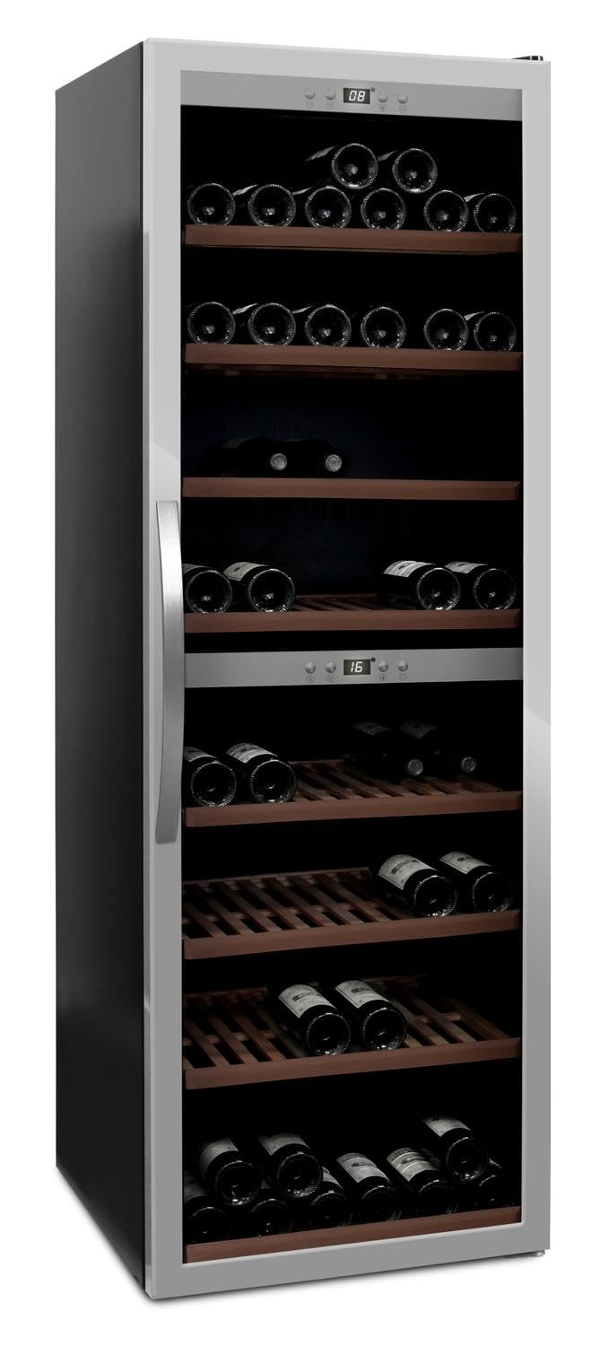 mQuvée Freistehender Weinkühlschrank - WineExpert 180 Stainless, 2 Temperaturzonen, Kapazität 180 Flaschen, Buchenholzregale auf Schienen, UV-geschützte Glastür, zwei Zonen 5-20°C