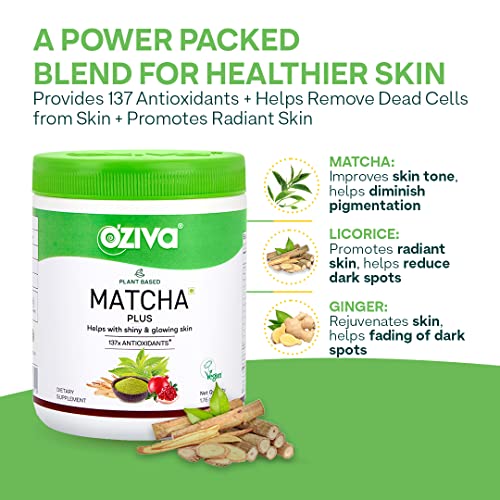 Oziva Plant Based Matcha Plus | Support Dark Circle Removal And Pigmentation Reduction Powder (With Matcha, Activated Charcoal, Licorice & Ginger), Certified Vegan, 50 G #TOP3