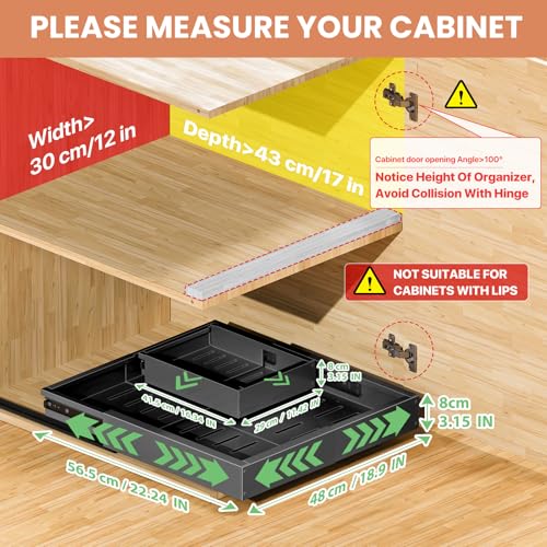 BUFOR 2 Pack Pull out Cabinet Organizer, Width (12"-19") Depth (17"-23"), with 3 Rails Adjustable Slide, Expandable Pullout Drawers for Cabinets, No Drill Adhesive Kitchen Drawers for Pantry Shelves — view 2