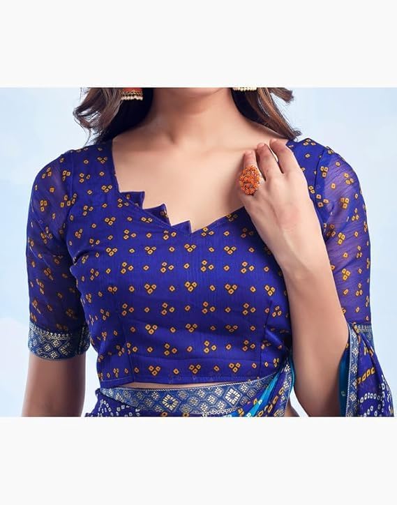 Indian Women's Bandhani Printed Chiffon Saree with Blouse Partywear Sari Item Pack Of 1 (Blue)