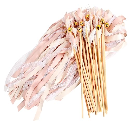 Varitas Cinta Palos de Seda, Serpentinas de Cintas de Hadas de Boda con Campanas, Palos de Varitas de Hada de la Cinta de Seda para Bodas Cumpleaños Navidad Fiesta (Cintas de Champán + Encaje Blanco)