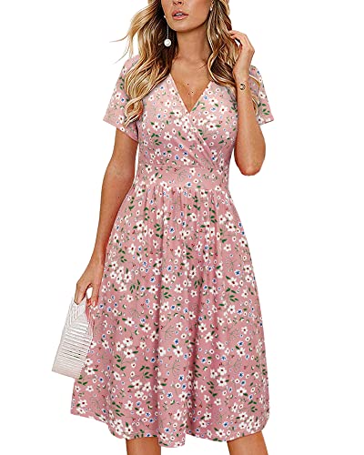 VOTEPRETTY Sommerkleid Damen Knielang Kleid Sommer V Ausschnitt Wickelkleid Kurzarm Midikleid mit Taschen