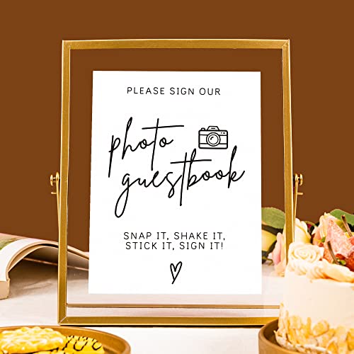 Image of Calculs Wedding Photo Guest Book Sign, 8x10 Gold Floating Picture Frame | Double glass metal frame, fits 6x8 insert, photo guest book station, reusable tabletop frame for signs and photos
