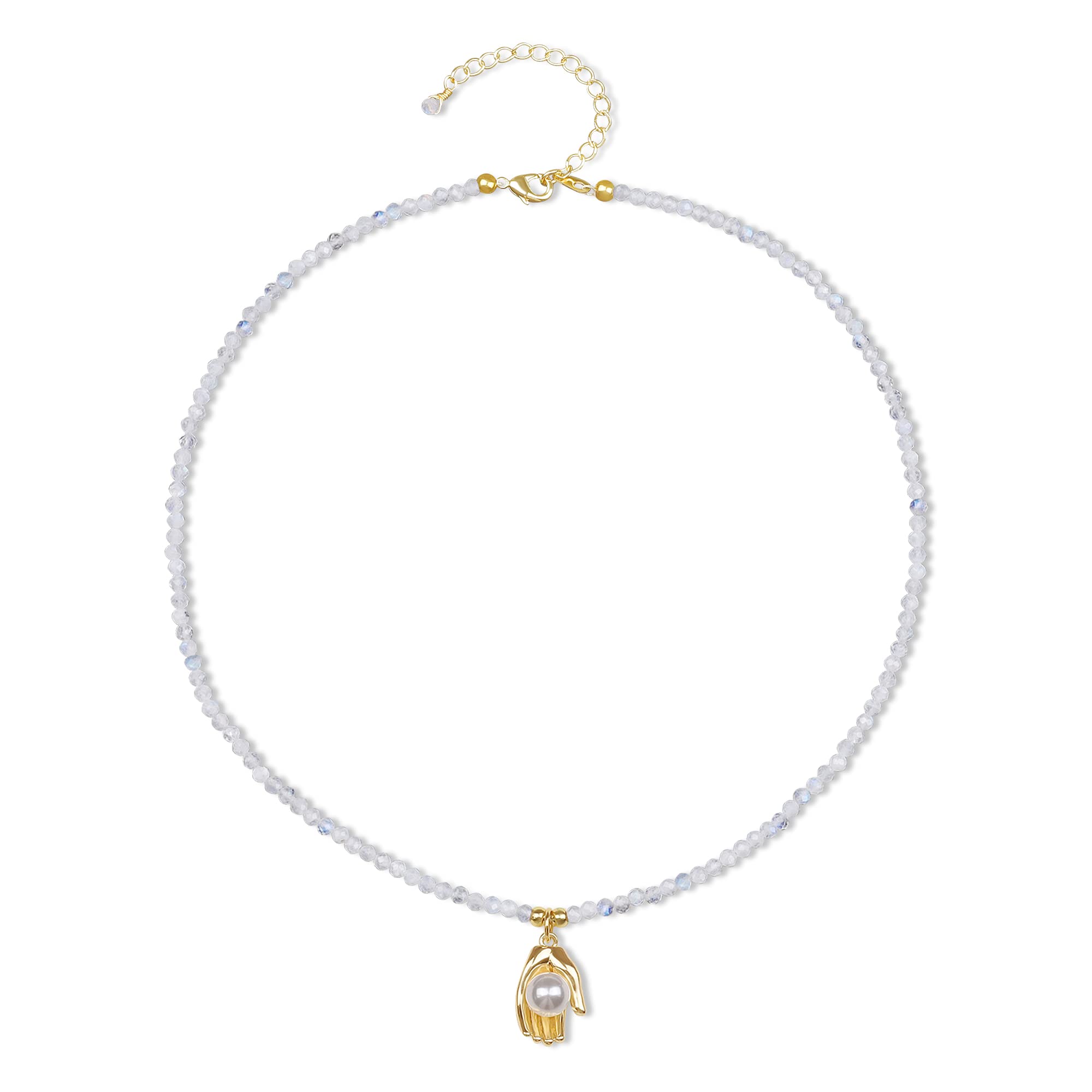 GAVU Buddha Hand Shell Pearl Faceted Moonstone Crystal Beads Pendant Necklace for Women