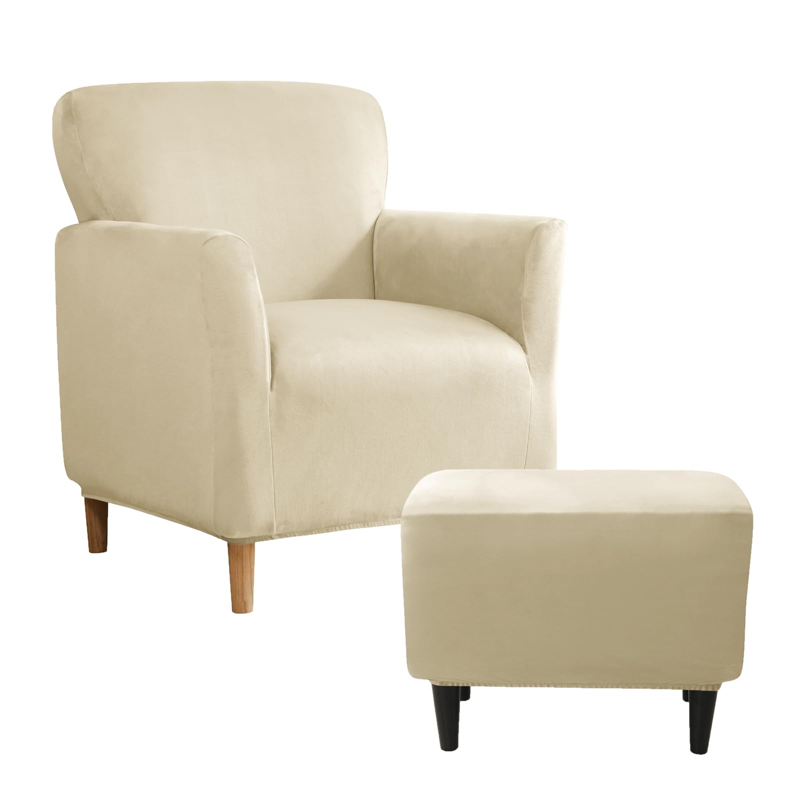 SYLC Stretch Velvet Armchair Sofa Covers with Ottoman Cover Rectangle/Square, Banquet Tub Chair Covers Footstool Slipcover Furniture Protector (Beige,Chair+Ottoman Rectangle)