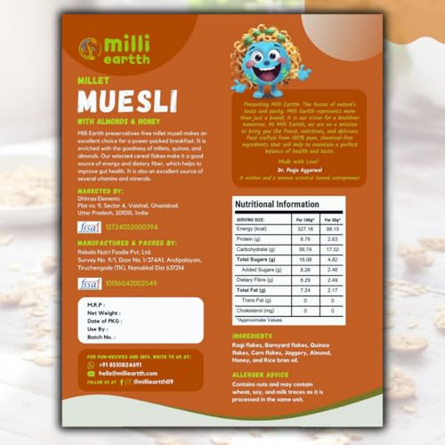Image of millieartth Millet Muesli with Almond and Honey 350g (Pack of 2) | Ragi Barnyard Millet Quinoa Corn Cereal | Ready to Eat Breakfast Mix | With Almonds, Honey and Jaggery
