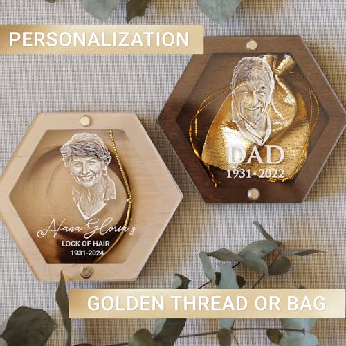 Image of Personalized Keepsake Box for Bereavement Gift, Lock of Hair Memorial, Sympathy Gift for Loss of Mother, Grandmother, Dad, Daughter, Son, Mom, Clear Lid, Engraving, Gift Box (Light Wood with Portrait)