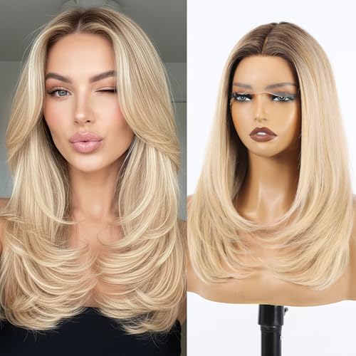 Image of EMMOR Human Hair Wig for Women 13x5x1 Inch HD Lace Front Wig 18 Inch Layered Glueless Wigs Pre-Plucked Hairline Human Hair Blend Premium Synthetic Fiber for Everyday Wear(Ombre White Blonde)