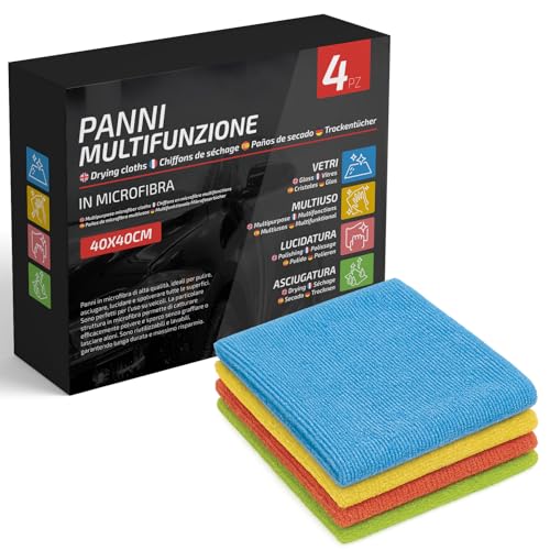 VENTUX GEAR Set 4 Panni in Microfibra 40×40 || Panno Vetri, Multiuso, Lucidatura, Asciugatura || Kit Pulizia Auto e Casa