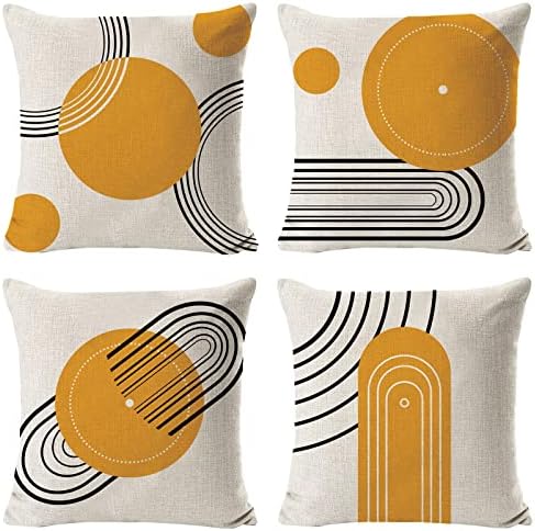 Mid Century Modern Pillow Covers for Couch 18x18 Set of 4,Boho Yellow Circle Stripe Pillowcases Square Cushion Cases for Outdoor Home Decor
