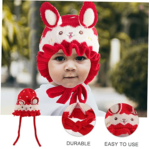 FRCOLOR Knitting Hat with Rabbit Ears Warm Knit Beanie for Boys and Cute Ear Protection Design Winter Accessory for Newborns Red4