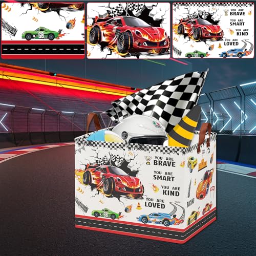 Image of Race Car Room Decor Basket,Waterproof Car Themed Storage Bins for Boys,Collapsible Kids Laundry Hamper with Parking Sign,Rectangular Tire Toy Box for Bedroom Bathroom, Boo Basket for Halloween