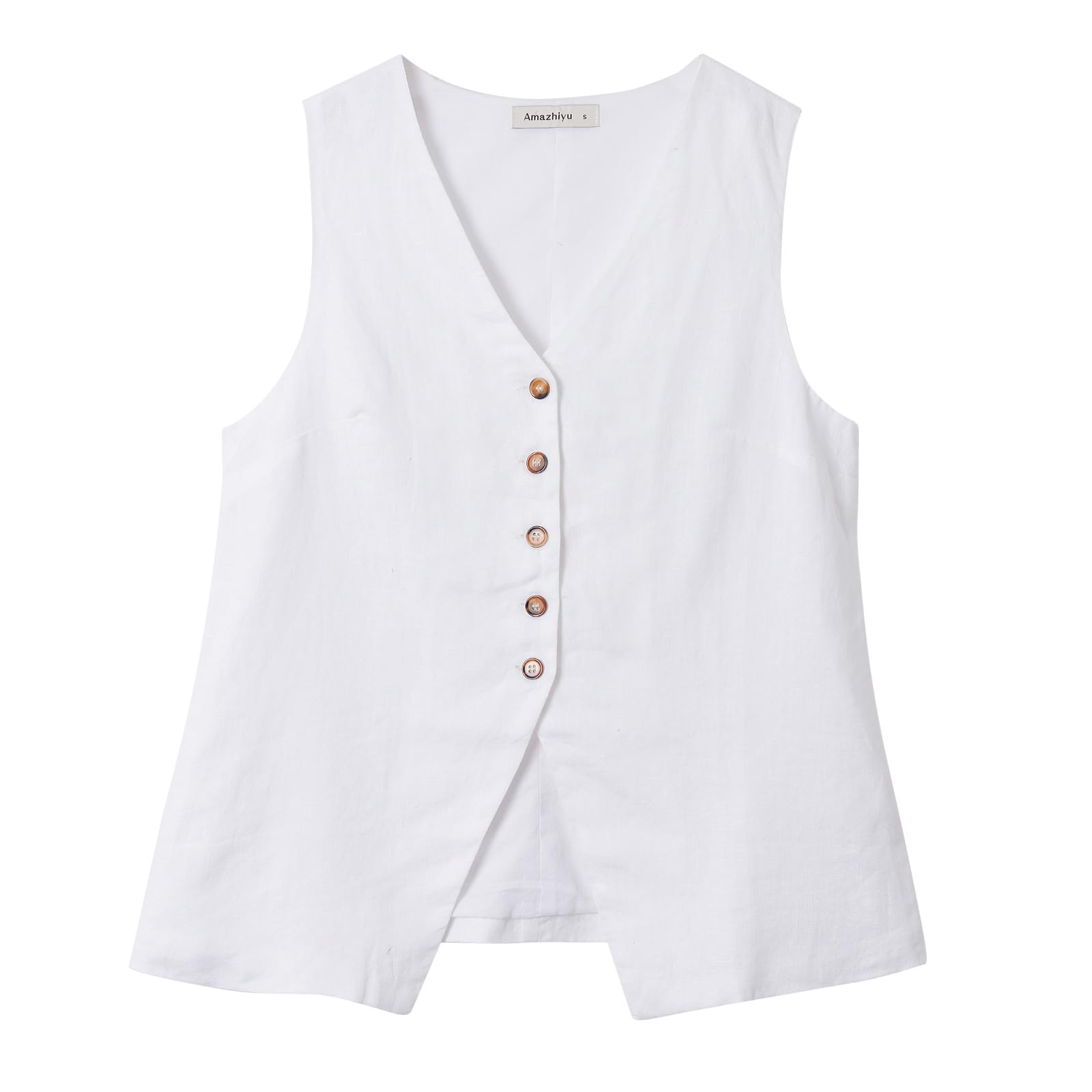 Amazhiyu Gilet da donna in puro lino, top estivo senza maniche con bottoni, scollo a V, in lino
