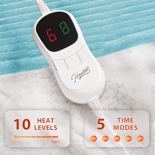 Image of Homemate Electric Heated Blanket Full Size - 72 inchx84 inch Heating Blanket Full Size 1 /2 /4 /6 /8 Hours Auto-Off 10 Heat Level Over-Heat Protection Soft Flannel Sherpa ETL Certification