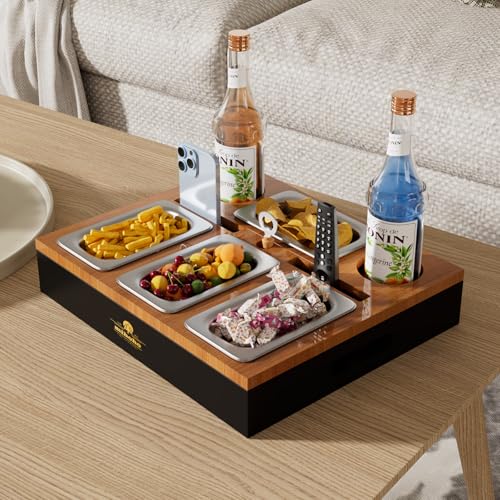 Couchbar, Sofa Organizer auf dem Beistelltische Couchtisch, Couchbar Holz als Bier Geschenke für Männer, Sofatablett Mit Vier Snackschalen und Mehrere Lagerplätze (schwarz)