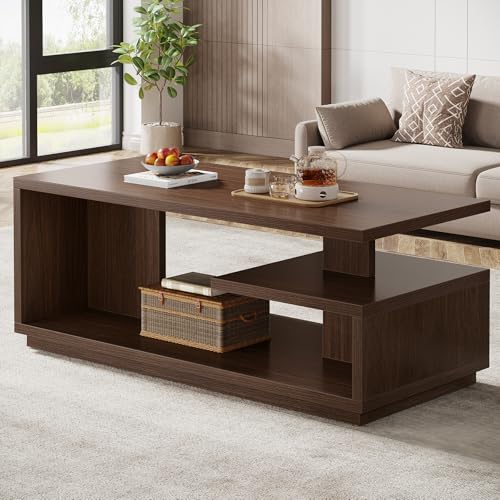 Tribesigns 47.24 Coffee Table with Storage Shelf, Mid-Century Modern Center Table, 3-Tier Rectangle Wooden Tea Table with Thick Base for Living Room, Walnut