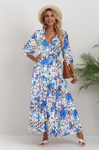 Image of Women Short Sleeve V Neck Floral Print Casual Bohemian Maxi Dresses