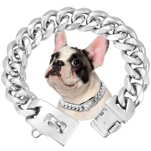 15mm Breite Rostfreier Stahl Hundehalsband Metall Hundehalsband Hundekette Halsbänder Pet Training Walking Halsband (Silbrig,35cm)