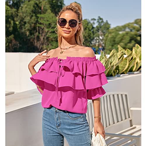 Byinns Women's Off Shoulder Ruffle Long Sleeve Blouses Casual Layered Tops Hot Pink #TOP3