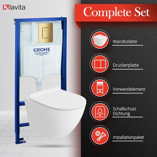 Lavita Vorwandelement Solido + Wand Hänge WC Sofi Slim Weiß Matt Spülrandlos + WC Sitz mit Absenkautomatik Goldener Knopf Komplettset Unterputz Spülkasten Toilette Komplett Sett WC – Bild 3