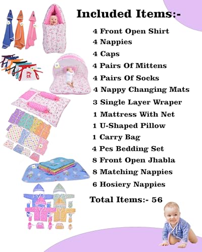 Image of Toddylon 56 in 1 New Born Gift Set - Maternity Kit, Baby Shower Essentials, Clothes, Bedding, and Products Combo (0-6 Months, Multicolor)