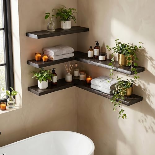 Image of Dreamland 24 Inch Floating Shelves, Rustic Elm Wood Live Edge Wall Shelf for Home Decor, 8 Inch Deep Floating Shelf for Wall, 24 x 8 Bathroom Shelves Set of 2, Walnut Color