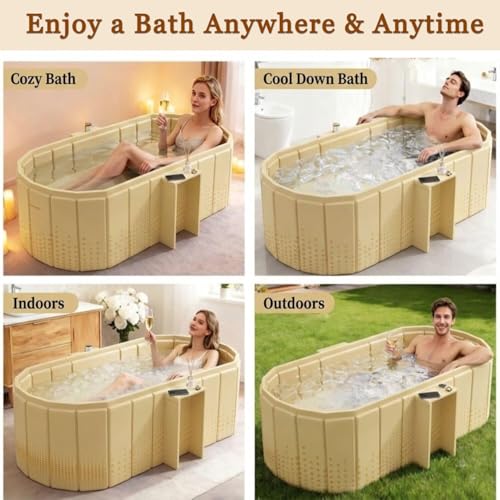 Image of Portable Ice Bath Tub for Adults Foldable Bathtub Spa, Thick Insulated Soaking BathTub with Drain, Home Bathroom Large Ice Bath Tub & Hot Spa Bath Relaxation (Beige with Soap Stand)