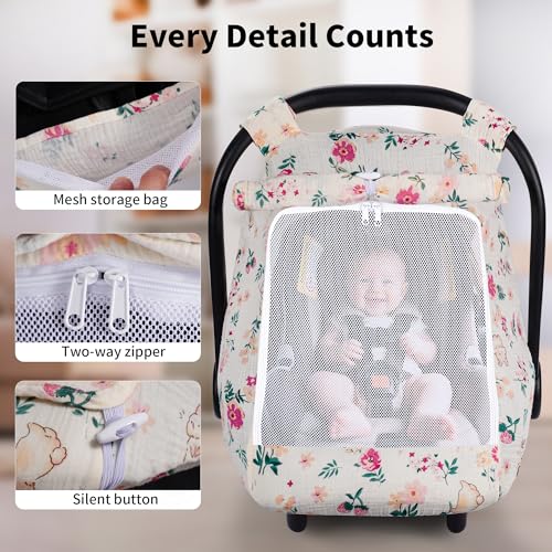 Image of Rquite Car Seat Cover Baby, Carseat Covers Girl Boy, Breathable Muslin Cotton, Large Mesh Window, Infant Car Seat Canopy Baby Carrier Cover Stroller Sun Shade for Summer & Hot Day