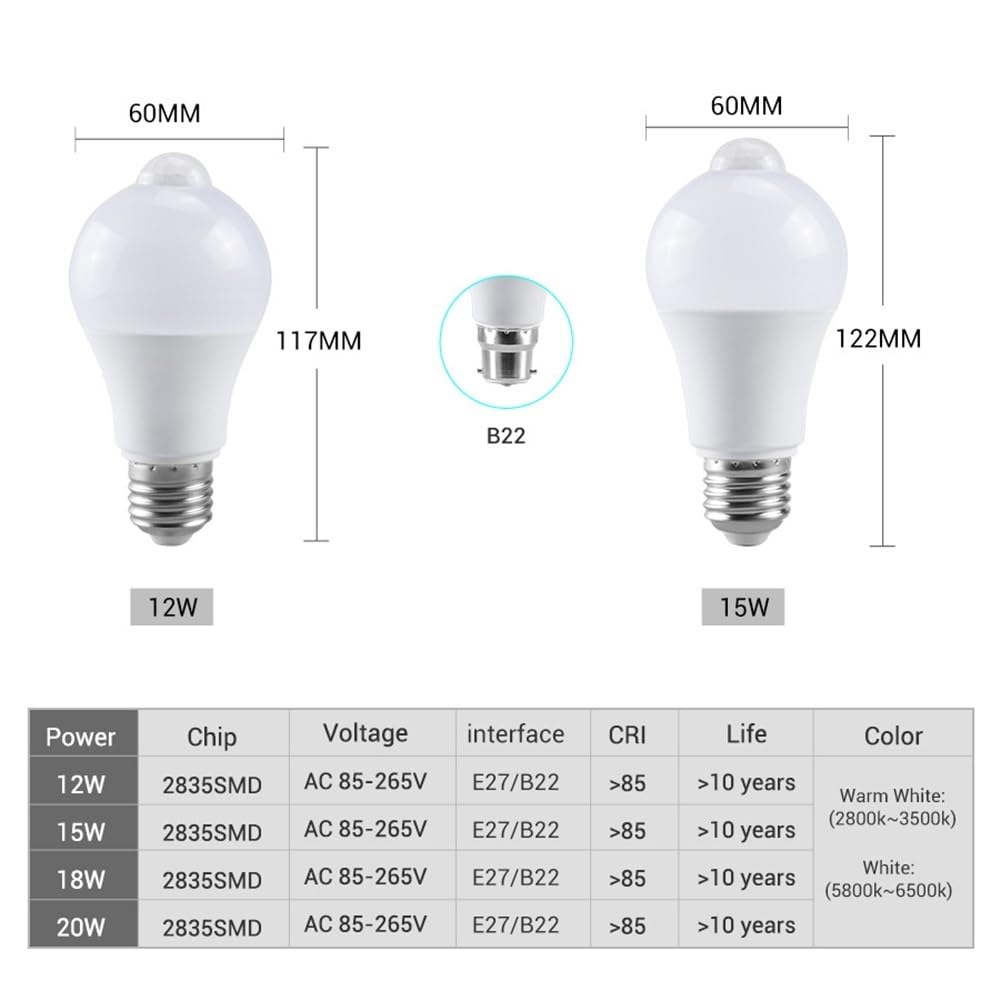 Luci, Confezione da 10, lampadine LED con sensore AC85-265V E27 12W/15W/18W/20W, lampade con sensore corporeo, Illuminazione a infrarossi PIR, lampadine per Uso Domestico, E27 20W E27 18W