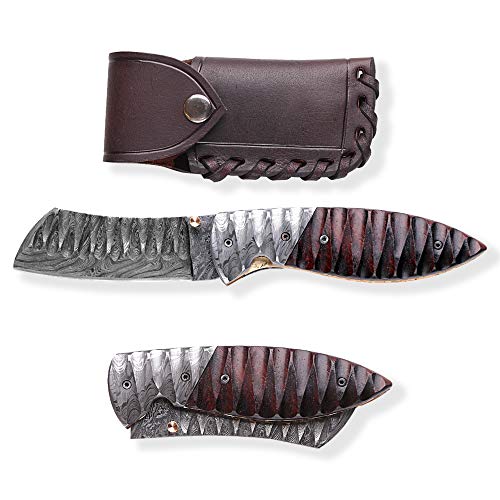 DELLINGER Tanto Obsidian & Damast Navaja y navaja plegable de acero de damasco para exteriores, hoja de 9 cm