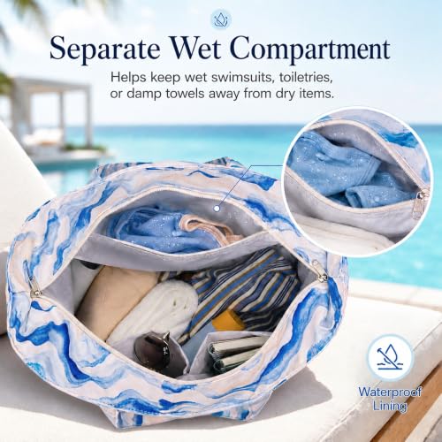 Image of LEDAOU Beach Bag Waterproof Sandproof Women Beach Tote Pool Bag with Zipper for Swim Gym Grocery Travel with Wet Pocket | Sandproof