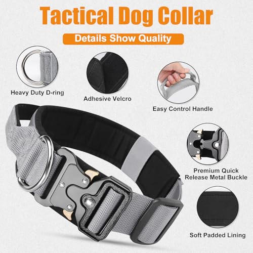 Taktisches Halsband Hund mit Griff, Hundehalsband Breit Gepolstert mit Metallschnalle, Verstellbar Nylon Dog Collar für Mittlere Große Hunde (Grau, L)