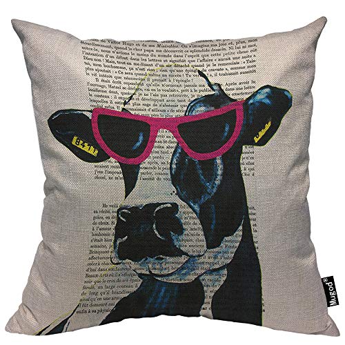 Mugod Cow Throw Pillow Case Jetset Cow in Hipster Pink Glasses Reading Article