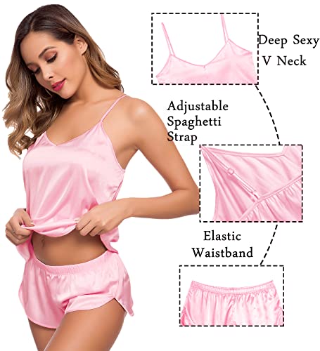 Image of SWOMOG Womens Silk Satin Pajamas Sets 4pcs Sleepwear Sexy Cami Shorts Set and Button Down Short Sleeve Pjs Loungewear Rose Pink X-Small