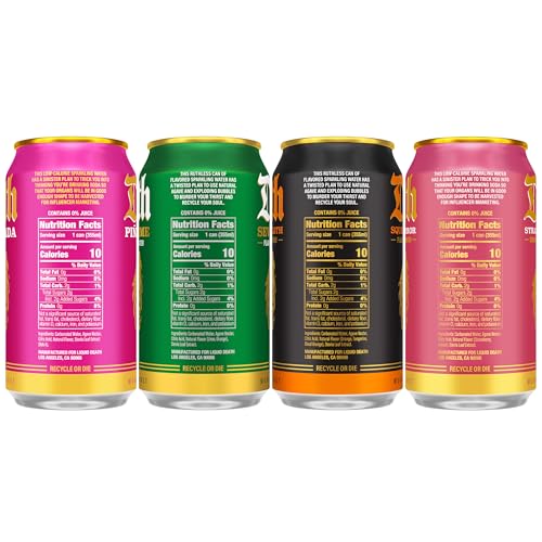 Image of Liquid Death Soda-Flavored Sparkling Water - Modern Variety, Less Sugar*, Huge Flavor, No Caffeine, No Artificial Sweeteners, 4 Flavors: Lime, Orange, Strawberry, Pina Killada 12 Fl Oz (Pack of 12)