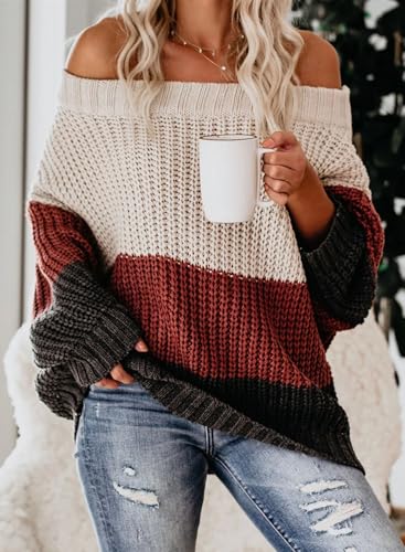 Image of VIMPUNEC Womens Off Shoulder Color Block Sweater Oversized Pullover Top