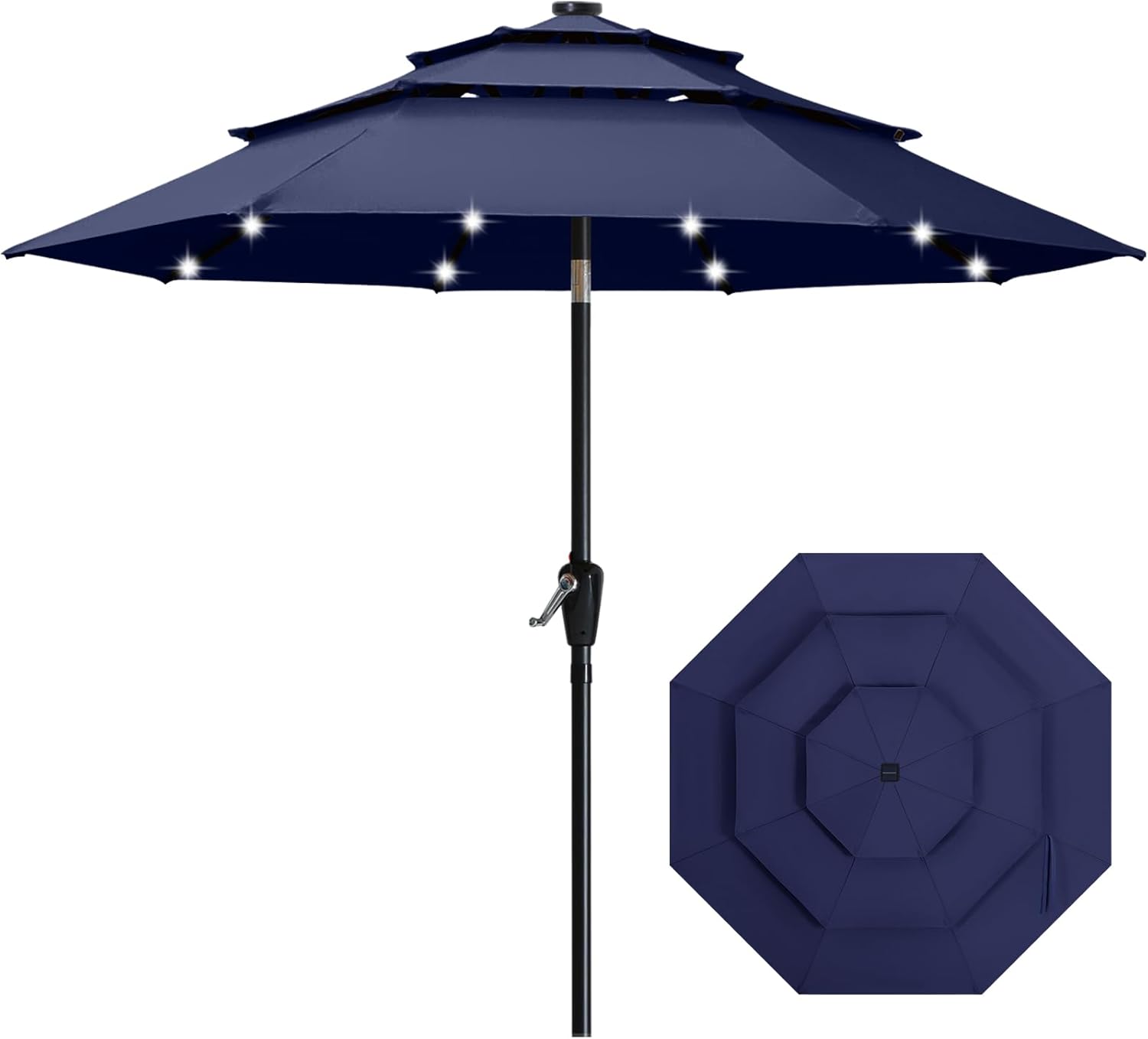ABCCANOPY 3-Tiers 11FT Solar Patio Umbrella, Outdoor Umbrella with 32 LED Lights for for Deck, Pool, Garden, Backyard (Navy Blue)