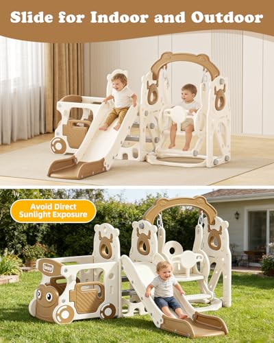 Image of XJD 10 in 1 Toddler Slide, Kids Slide for Toddlers 1-3, Toddler Play Climber Slide Playset with Basketball Hoop and Ball,Toddlers Outdoor Indoor Playground (White Brown, Medium)